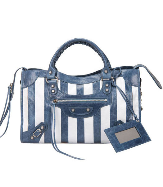 Balenciaga Motorcycle City Bag in zaffiro blu / bianco a righe Olio